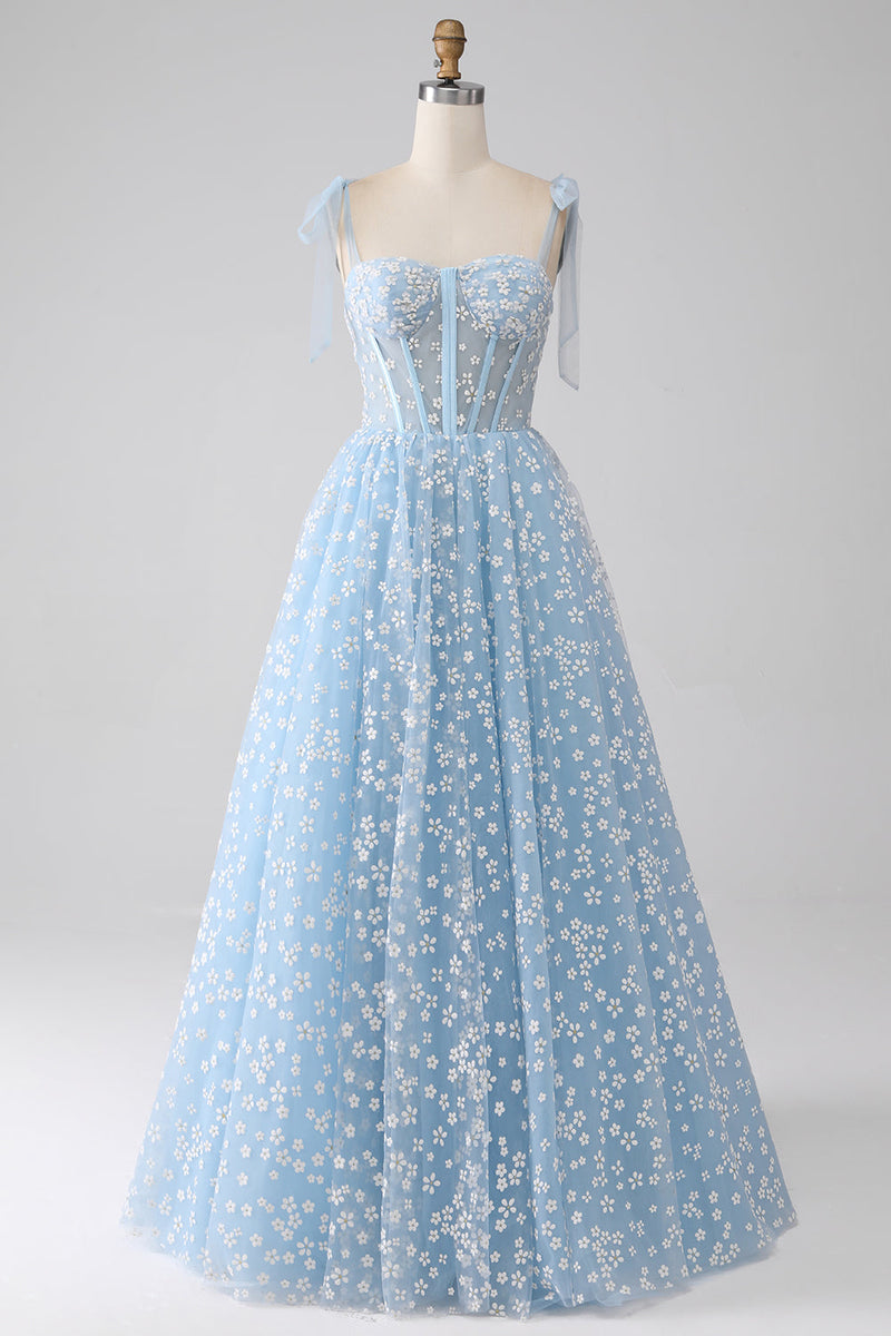 Załaduj obraz do przeglądarki galerii, Błękitna Cienkich Ramiączkach Gorsetowa Sukienka Na Studniówkę