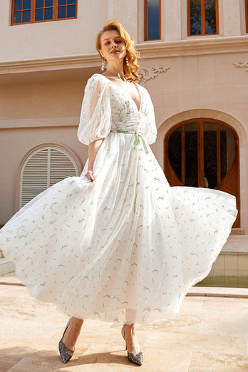 Tiulowa suknia ślubna Midi z nadrukiem