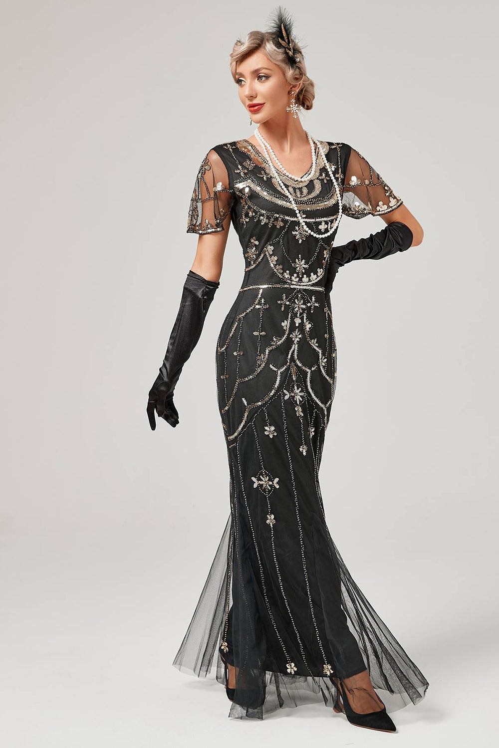 Kość Słoniowa Cekiny Długa Sukienka Lata 20