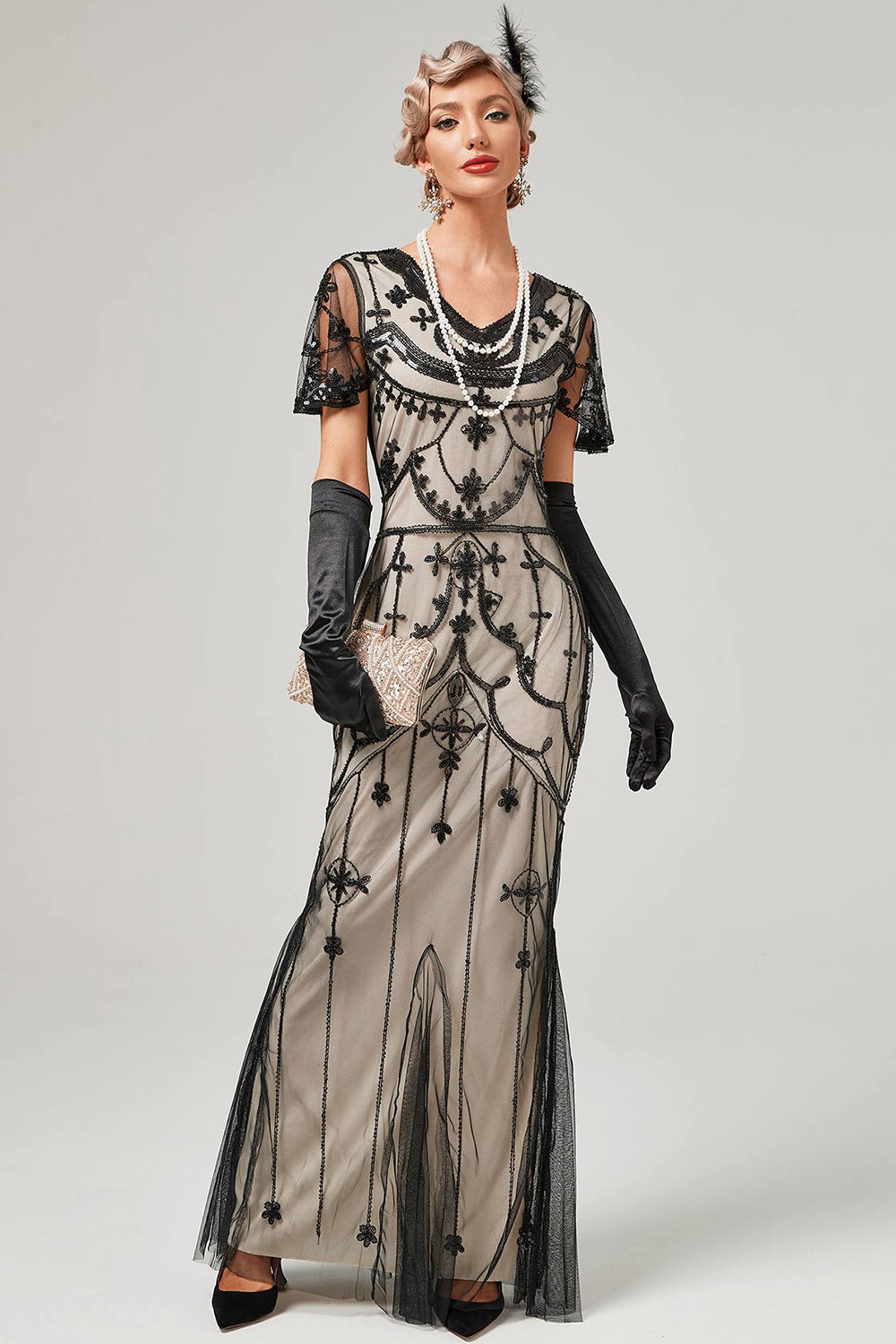 Kość Słoniowa Cekiny Długa Sukienka Lata 20