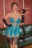 Lake Blue Sequin Short Gatsby 1920s Sukienka z frędzlami
