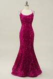 Hot Pink Sequin Spaghetti Straps Mermaid Prom Dress z koronkowym tyłem