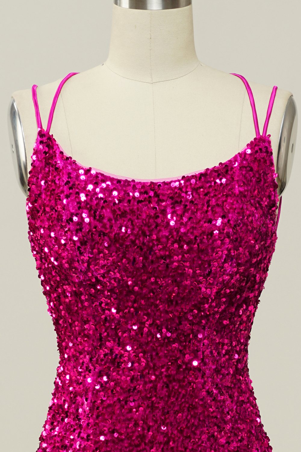 Hot Pink Sequin Spaghetti Straps Mermaid Prom Dress z koronkowym tyłem