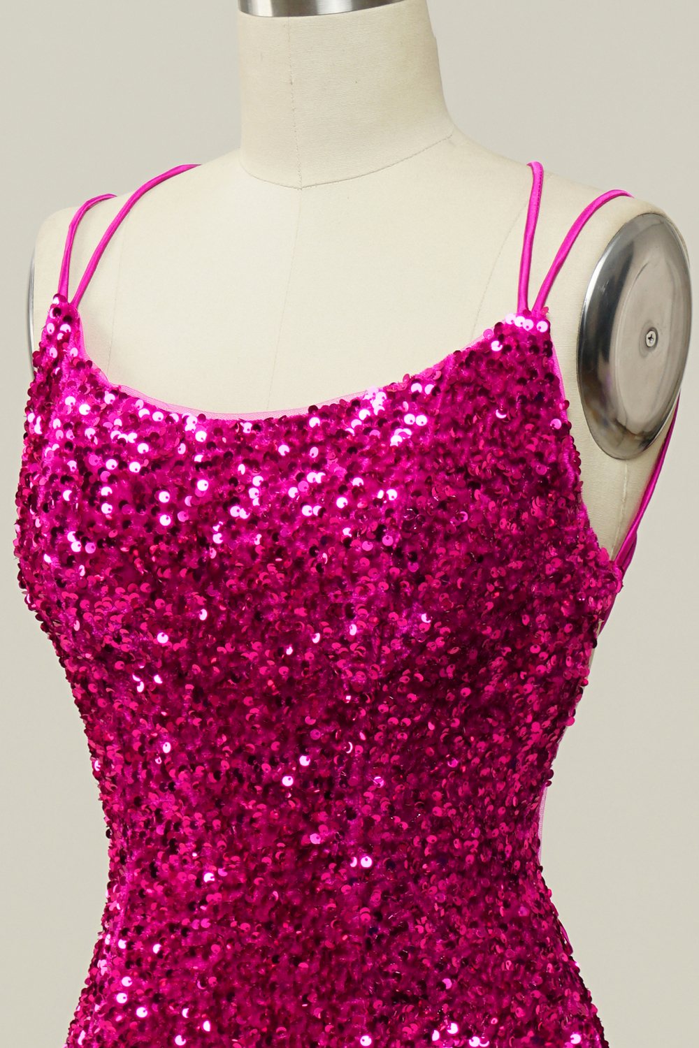 Hot Pink Sequin Spaghetti Straps Mermaid Prom Dress z koronkowym tyłem