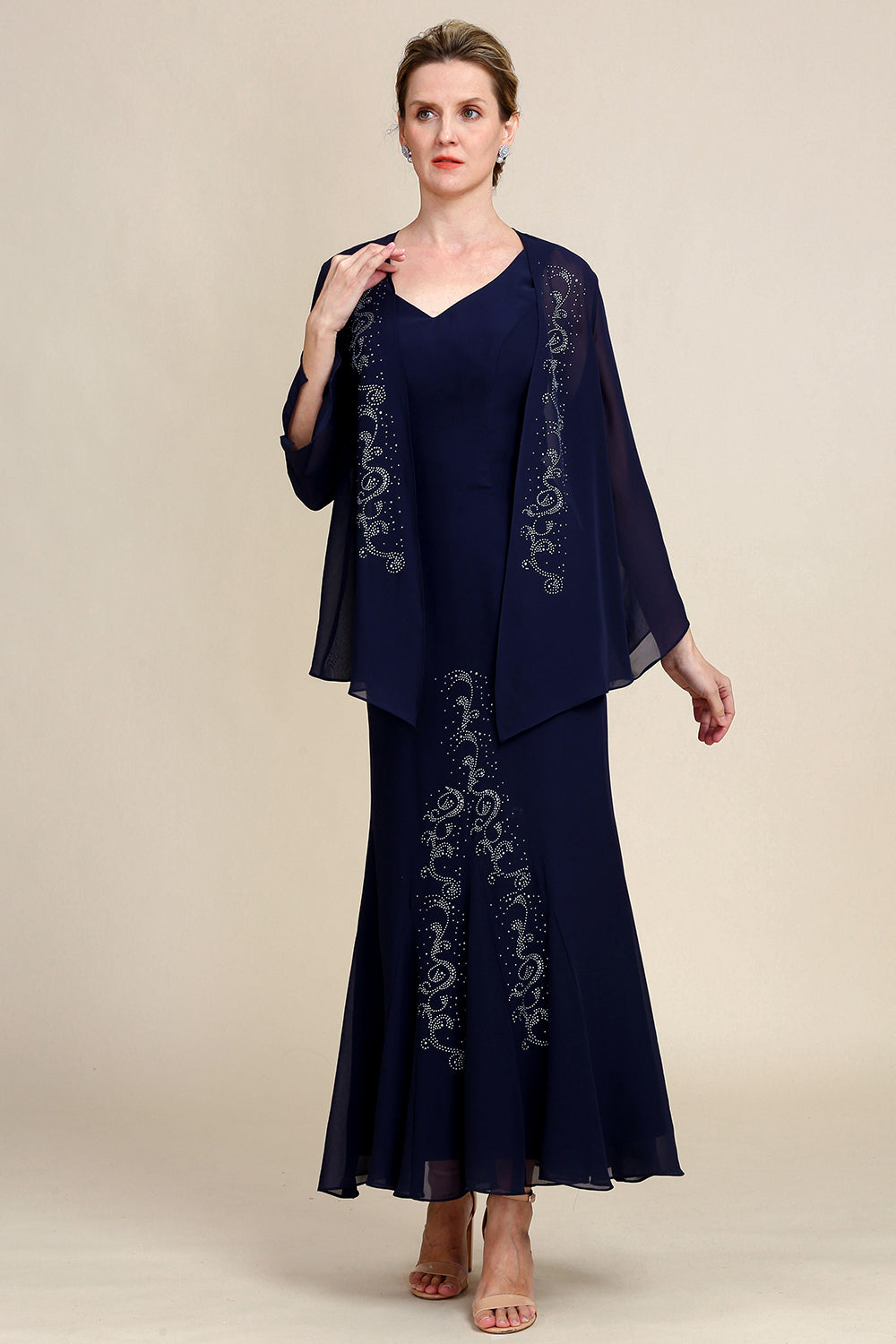 Granatowa Dwuczęściowa Błyszcząca Paciorkowata Sukienki Na Wesele Dla Mamy