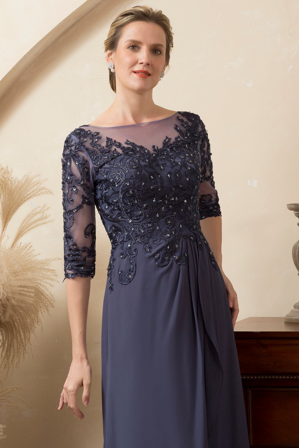 Szaroniebieski Błyszczący Szyfon Sukienki Na Wesele Dla Mamy z Koralikami