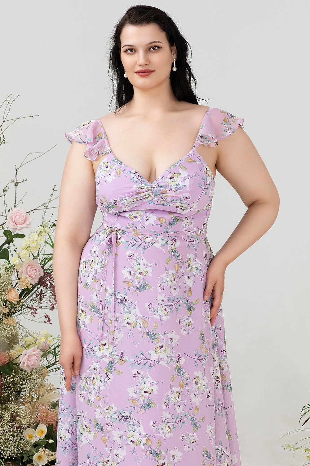 Fioletowy Kwiatowy Nadruk Plus Size Sukienka Dla Druhen
