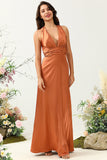 Linia Halter Neck Copper Long Bridesmaid Dress z Criss Cross Back