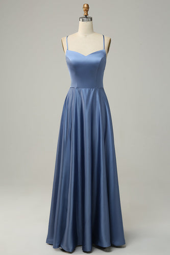 Szaro-niebieska Długa Sukienka Na Wesele Bez Pleców