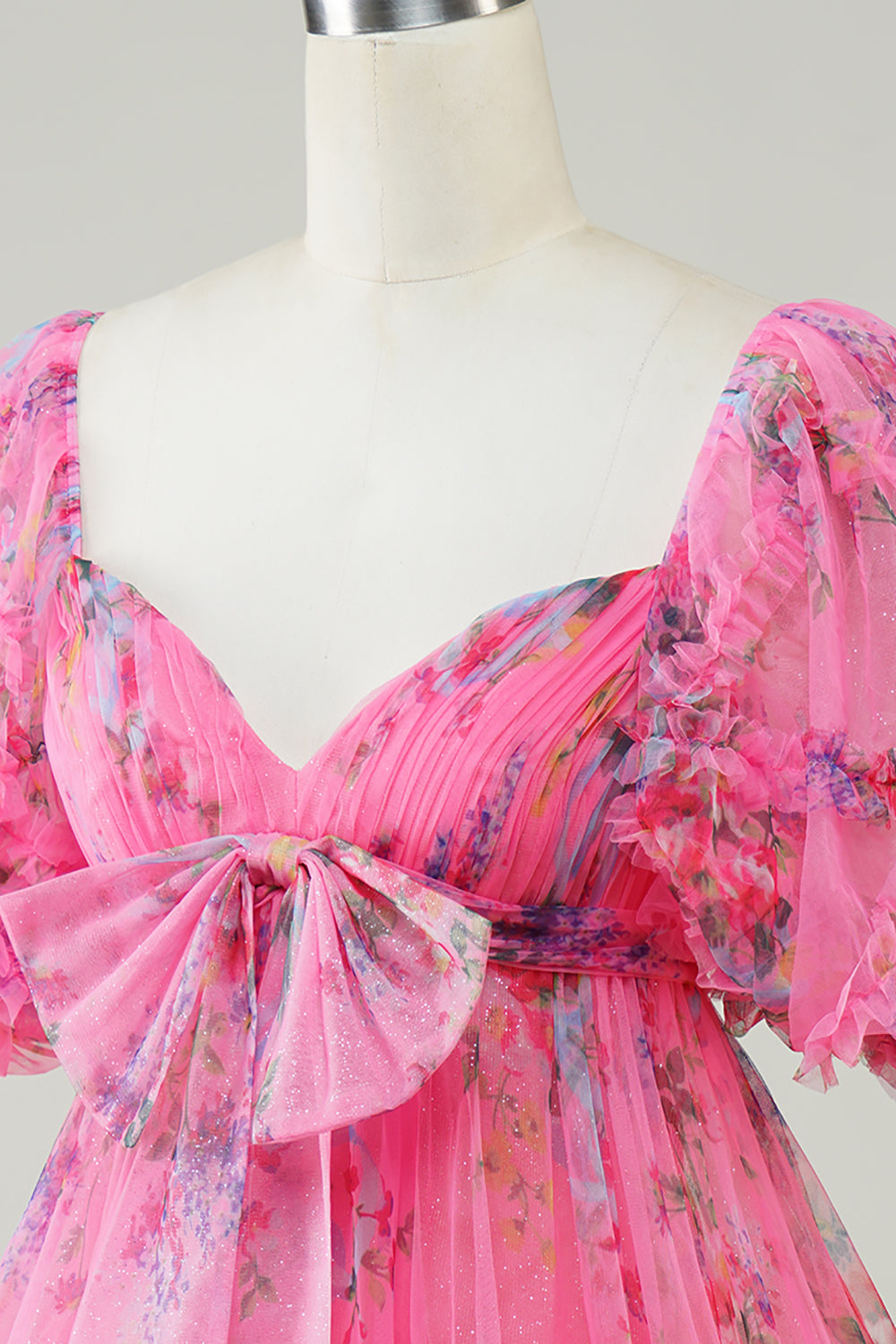 Gorąca różowa drukowana urocza sukienka Homecoming z kokardą