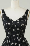 Cute A Line V Neck Czarny Tiul Krótka sukienka Homecoming z gwiazdami