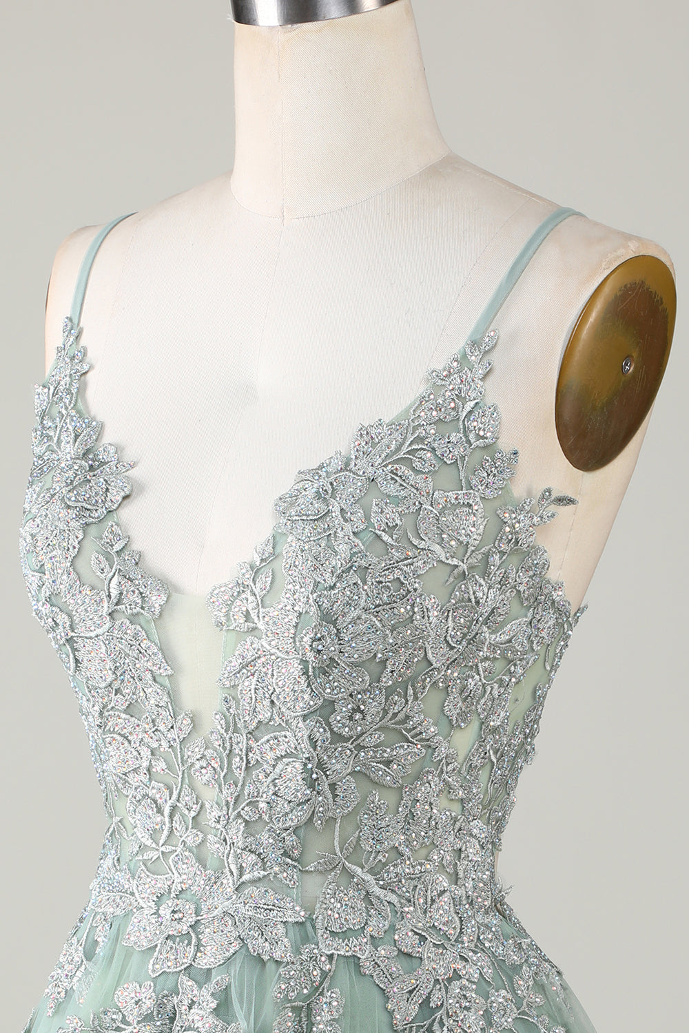 Stylowe Paski Spaghetti Z Linii Zielona Krótka Sukienki Na Impreze Z Aplikacjami