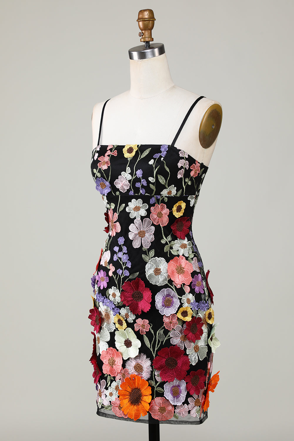 Bodycon Spaghetti Straps Czarna sukienka Homecoming z kwiatami 3D