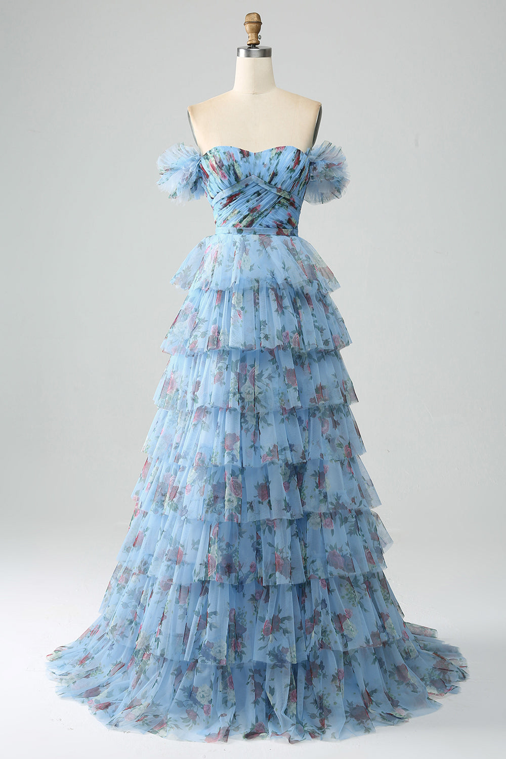Wspaniała długa sukienka na studniówkę z linią A Off the Shoulder Lavender Print Z Falbankami