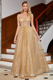 Brokatowa Długa Złota Sukienka Na Studniówke Z Gorsetem
