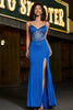 Załaduj obraz do przeglądarki galerii, Syrena Królewski Niebieski Brokatowy Gorset Sukienka Na Studniówkę Z Koralikami