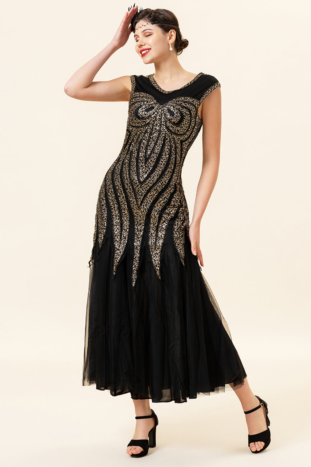 Czarna Cekinowa Tiulowa Sukienka z Frędzlami Lata 20 z Zestawem Akcesoria Lata 20
