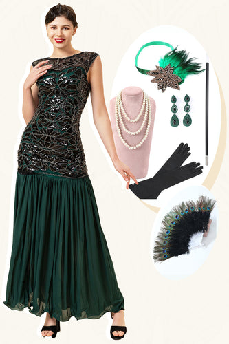 Zielona Sukienka Wielki Gatsby z Zestawem Akcesoria Lata 20