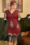 Czerwona Plus Size Sukienka Wielki Gatsby z Frędzlami z Zestawem Akcesoria Lata 20