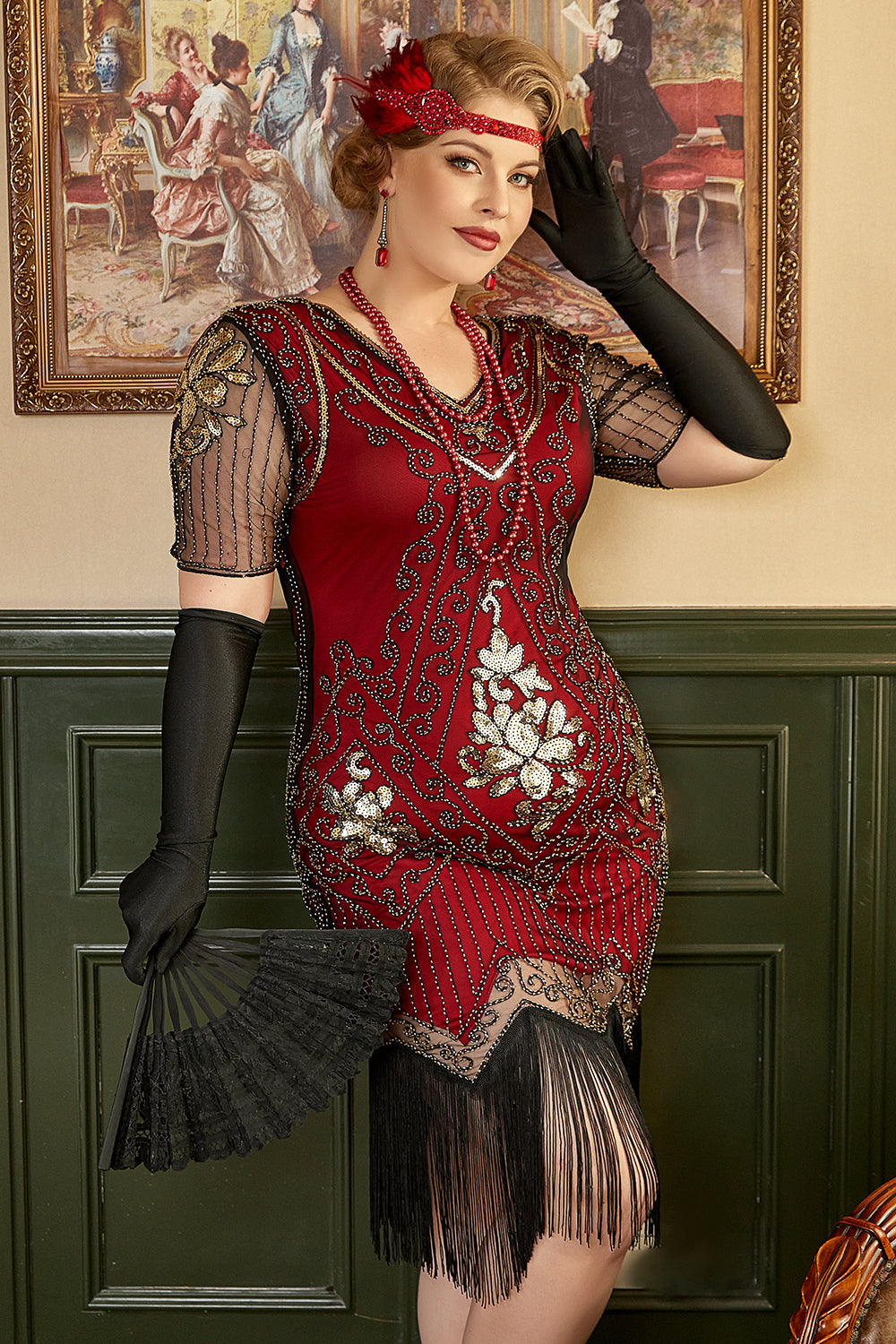 Czerwona Plus Size Sukienka Wielki Gatsby z Frędzlami z Zestawem Akcesoria Lata 20