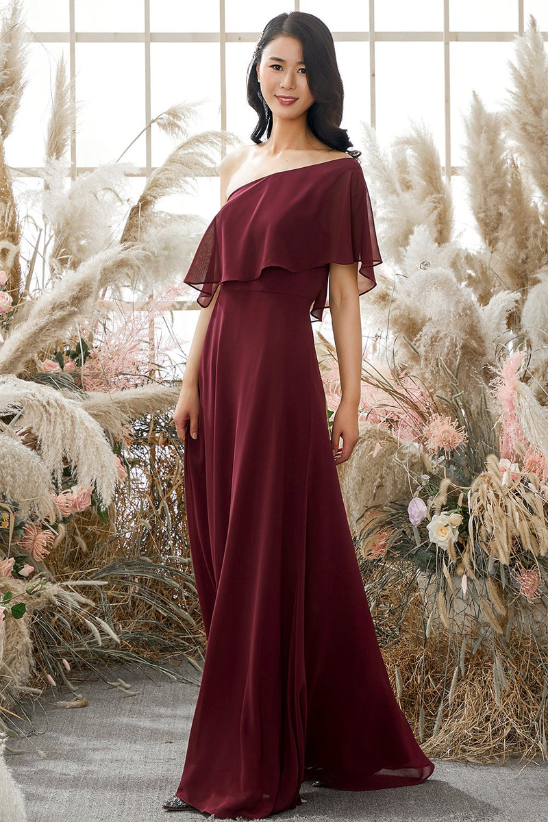 Załaduj obraz do przeglądarki galerii, Jedno Ramię Burgundia Szyfonowa Sukienka Druhna