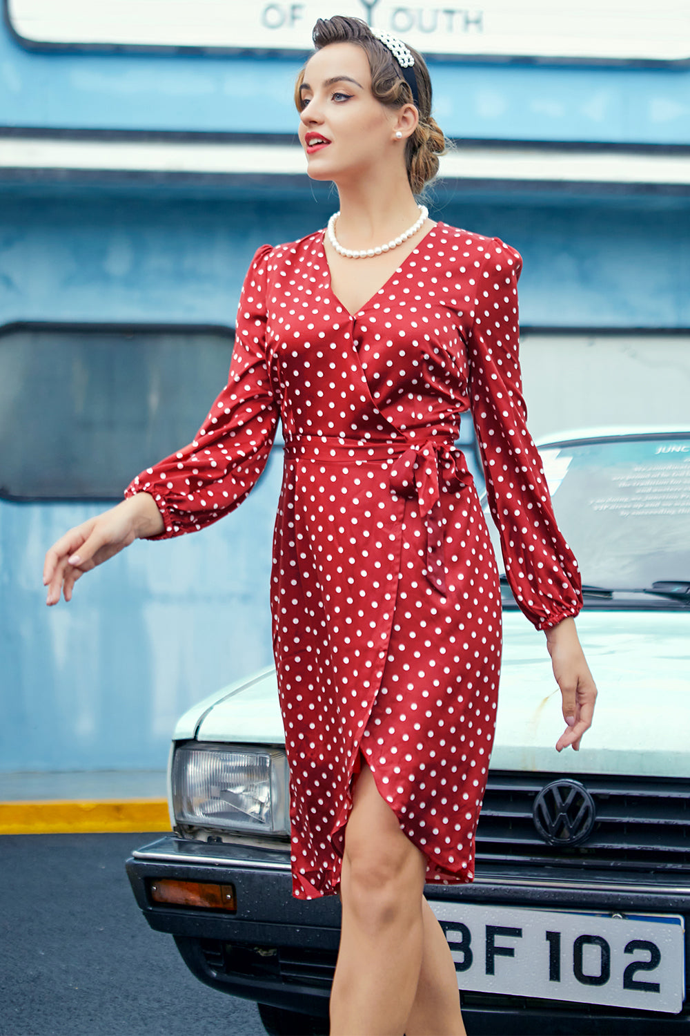 Burgundowa Sukienka Casualowa w Groszki