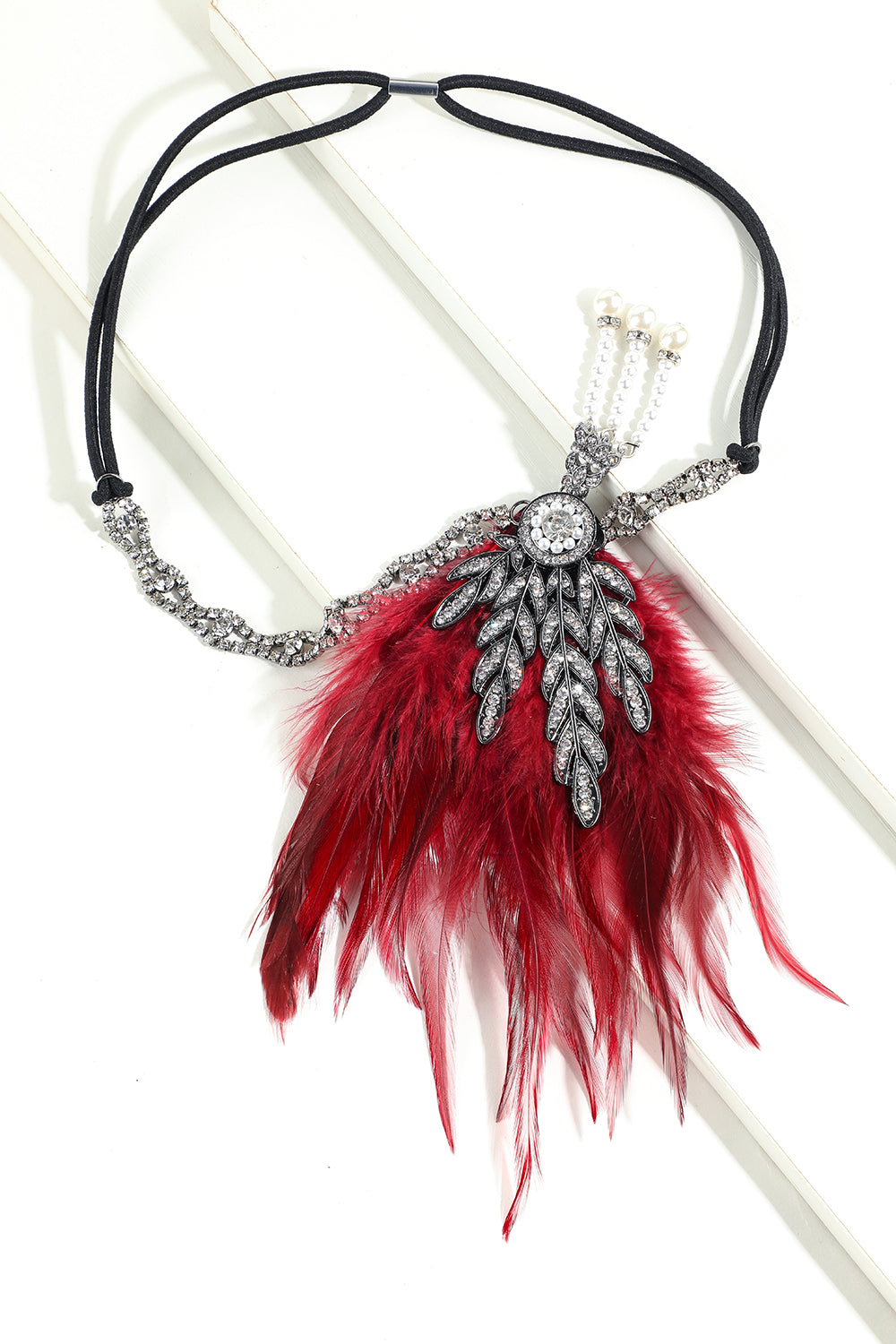 Czarna Opaska Na Głowę Z Piórami I Perłami Z Lat 20. Xx Wieku