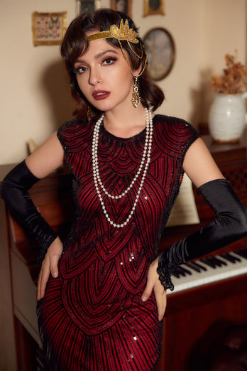 Czerwona Wielki Gatsby Sukienka Lata 20 z Frędzlami