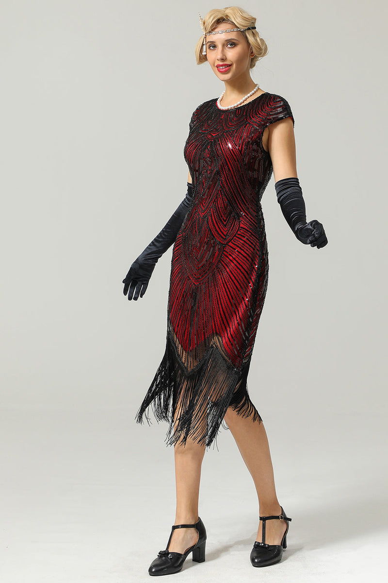 Załaduj obraz do przeglądarki galerii, Czarna Wielki Gatsby Sukienka Lata 20 z Cekinami