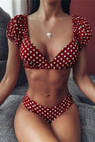Bufiasty Rękaw Dekolt V Bikini w Groszki