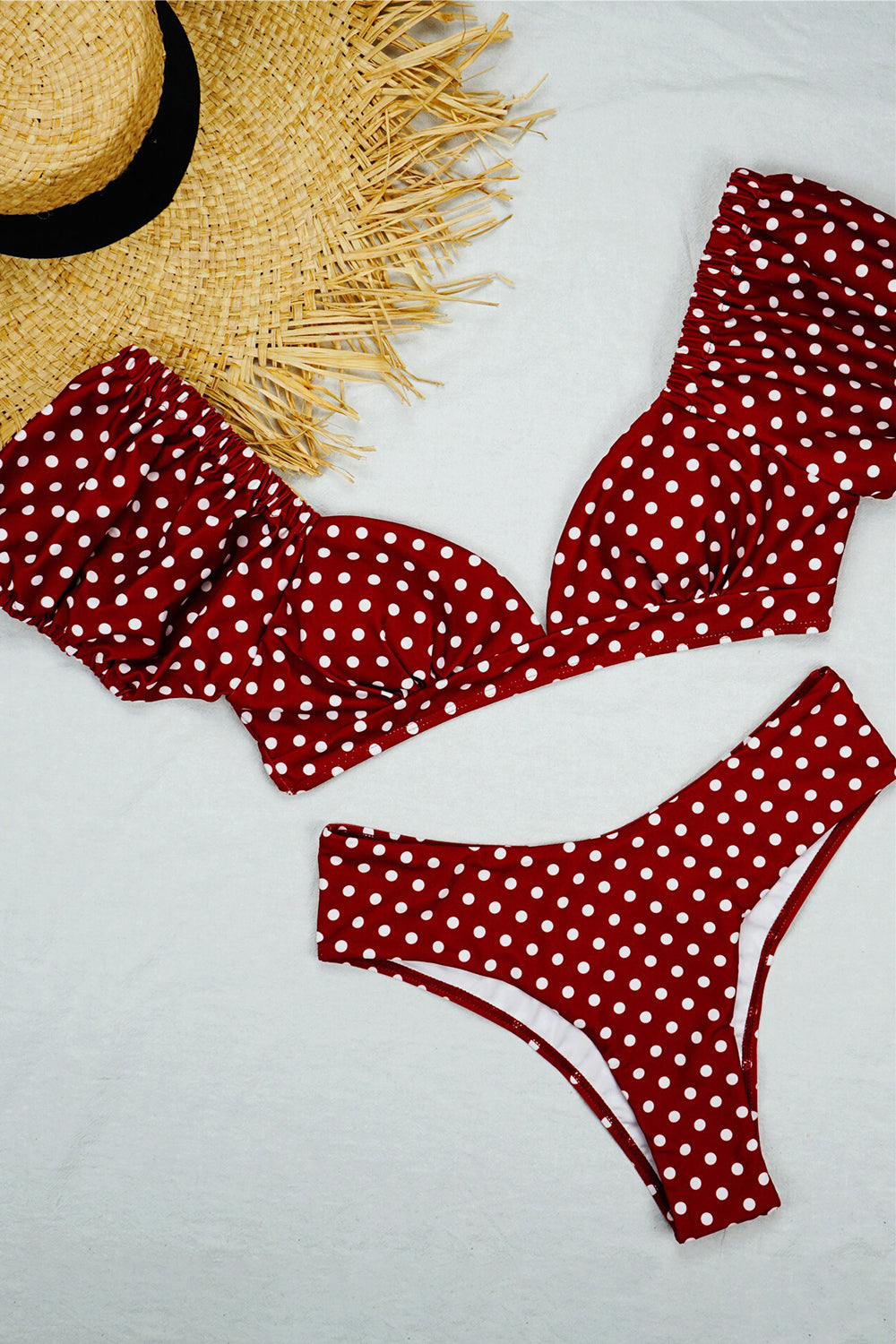 Bufiasty Rękaw Dekolt V Bikini w Groszki