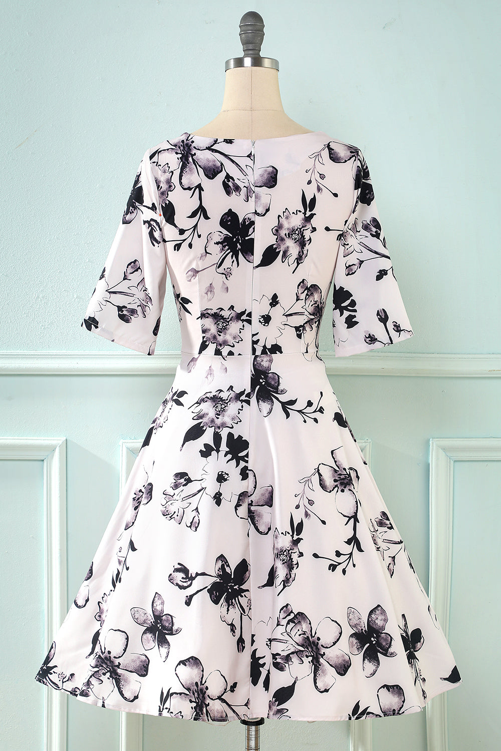 Dekolt w serek z półrękawem Biały nadruk vintage sukienka