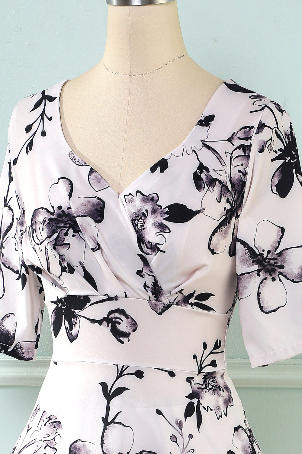 Dekolt w serek z półrękawem Biały nadruk vintage sukienka