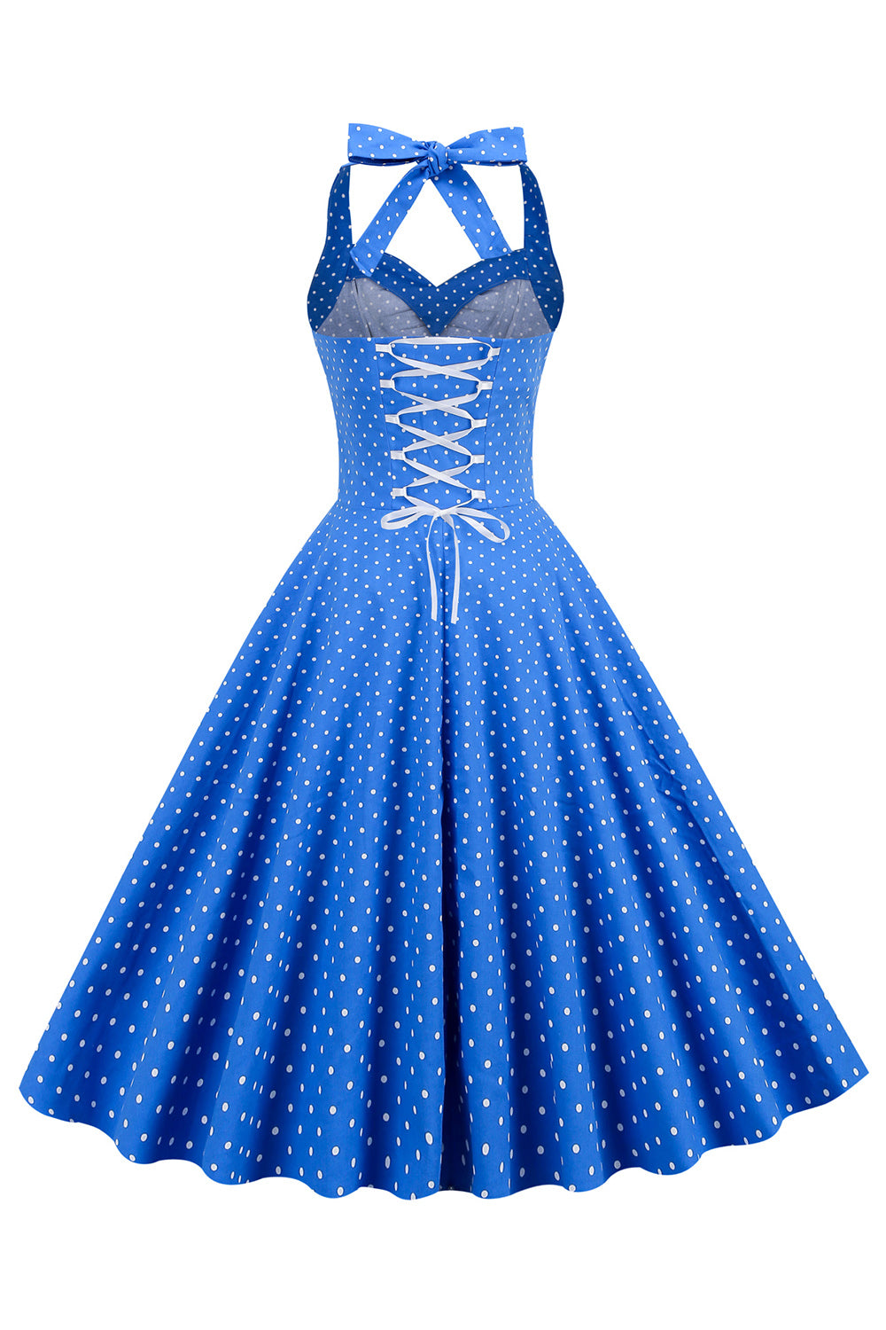 Niebieska Sukienka Pin Up Lata 50 w Groszki