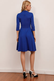 Sukienka Vintage z Rękawami w kolorze Królewski Błękit