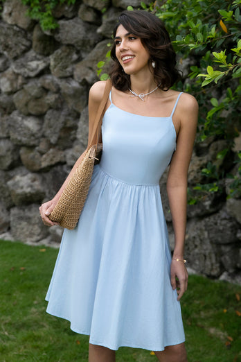Niebieska Sukienki Letnie Na Co Dzień z Odkrytymi Plecami