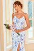 Załaduj obraz do przeglądarki galerii, Niebieskie Kwiatowy Nadruk Długa Suknia Druhny z rozdwojonym frontem