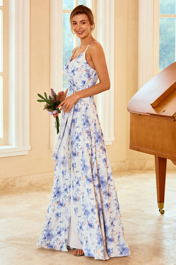 Niebieska sukienka druhny w kwiatowy
