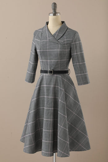 Retro Styl Ciemnoszary vintage sukienka z długim rękawem