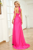 Mermaid Halter Neck Fuchsia Długa sukienka na studniówkę z rozciętym przodem