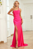 Mermaid Halter Neck Fuchsia Długa sukienka na studniówkę z rozciętym przodem
