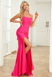 Mermaid Halter Neck Fuchsia Długa sukienka na studniówkę z rozciętym przodem