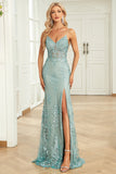 Syrena Spaghetti Ramiączka Zielona długa sukienka na studniówkę z Criss Cross Back