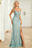 Syrena Spaghetti Ramiączka Zielona długa sukienka na studniówkę z Criss Cross Back