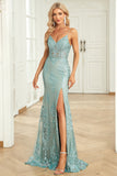Syrena Spaghetti Ramiączka Zielona długa sukienka na studniówkę z Criss Cross Back