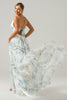 Załaduj obraz do przeglądarki galerii, Biała Niebieska Długa Sukienka Na Wesele z Falbanami