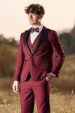 3-częściowe męskie garnitury balowe Peak Lapel Burgundy