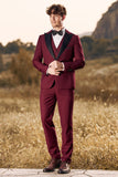 3-częściowe męskie garnitury balowe Peak Lapel Burgundy