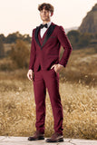 3-częściowe męskie garnitury balowe Peak Lapel Burgundy