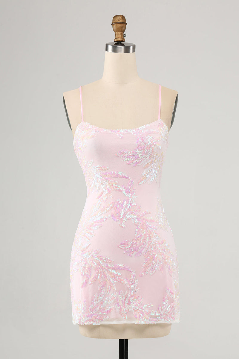 Załaduj obraz do przeglądarki galerii, Błyszcząca Różowa Cienkich Ramiączkach Sukienki Koktajlowe Z Cekinami